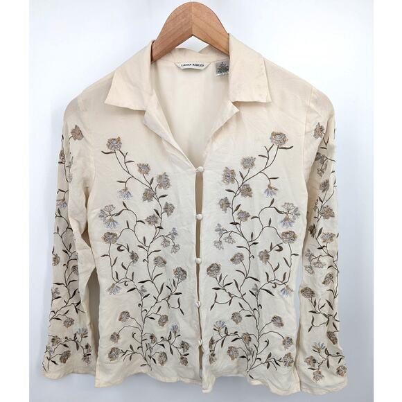 Laura Ashley 100% Silk Embroidered Blouse Floral Sheer Long Sleeve Beige Size 4 - Picture 1 of 3